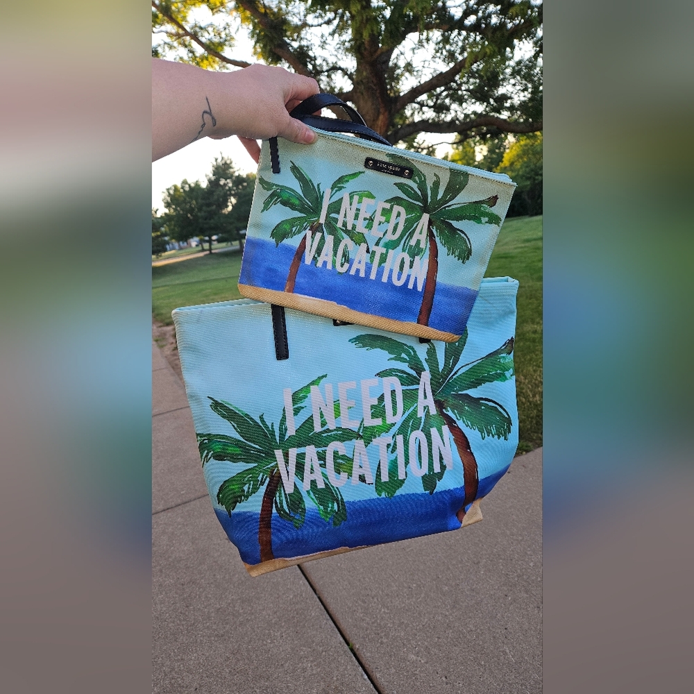 Kate Spade I Need A Vacation Tote and Clutch with Beach background